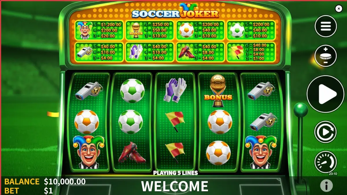 Interface do jogo de slot Soccer Joker com temática de futebol e neon