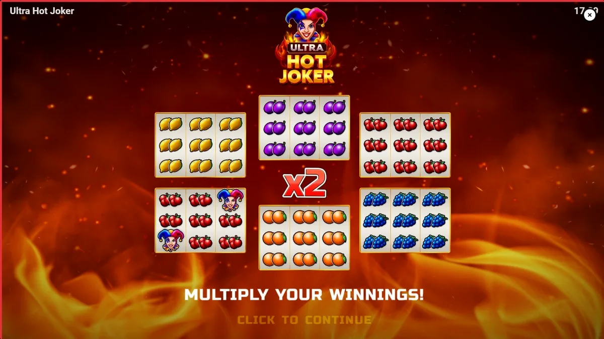 Interface do jogo Ultra Hot Joker com símbolos de frutas e fogo