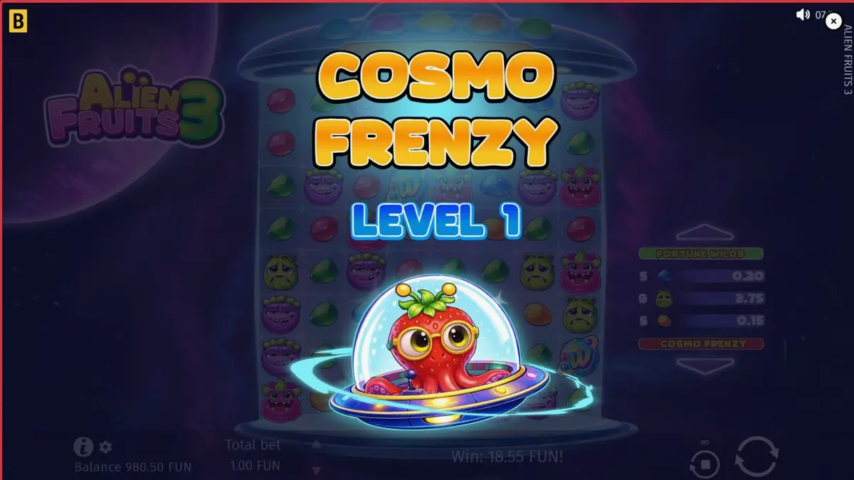 Interface vibrante do slot Alien Fruits 3 com grade 8x8 e símbolos neon
