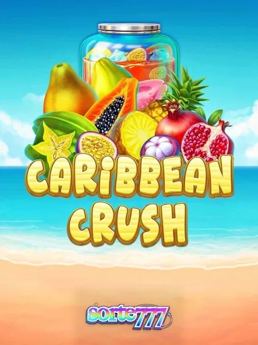 Captura de tela do jogo Caribbean Crush em um dispositivo móvel, mostrando frutas tropicais e o cenário de praia.